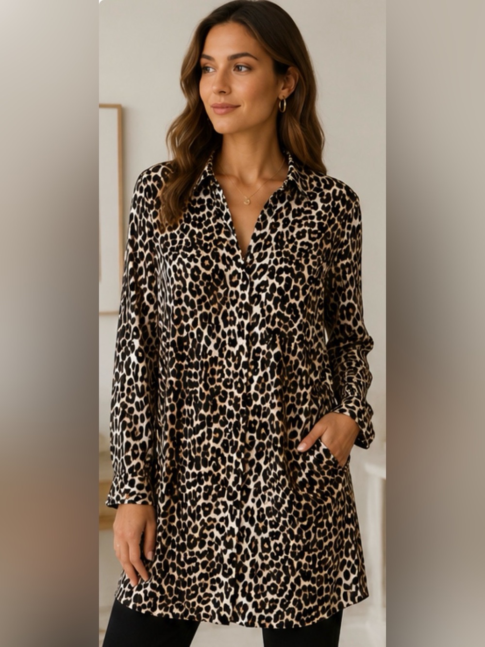 H&M Leopard Print Button-Down Tunic in Brown and Black